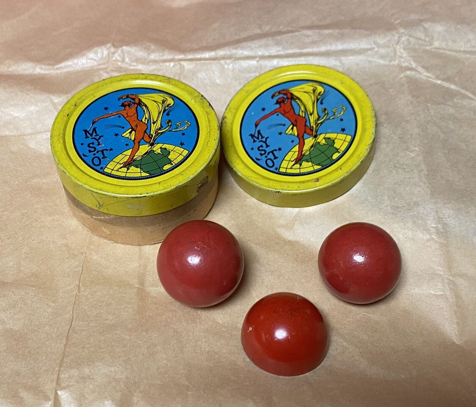 Gilbert Mysto Magic Red Devil Double Sided Tin Round with Insert 1930s