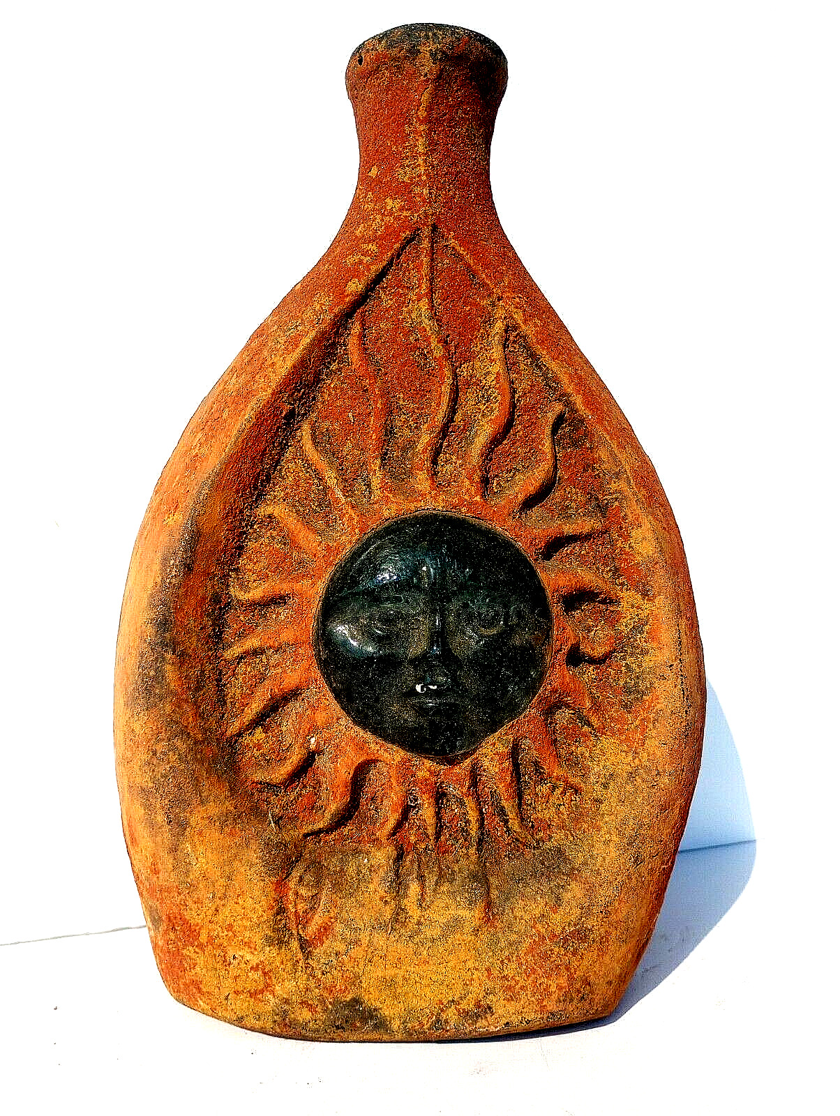 RARE Vtg Mexican Folk Art Terra Cotta Pottery Vase w/3D Glass Sun Face Inserts