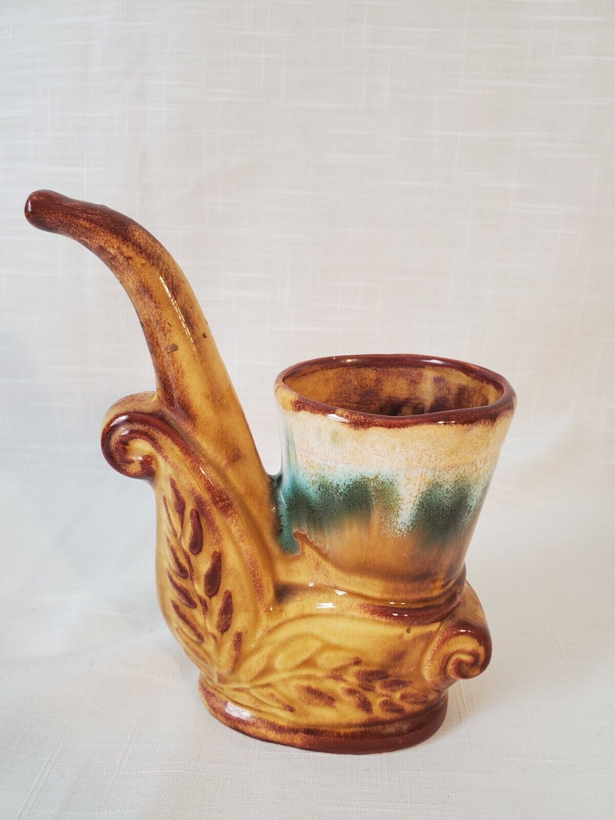 Vtg California Ceramic Candle Holder Pipe With Green Glazing Around The Top.