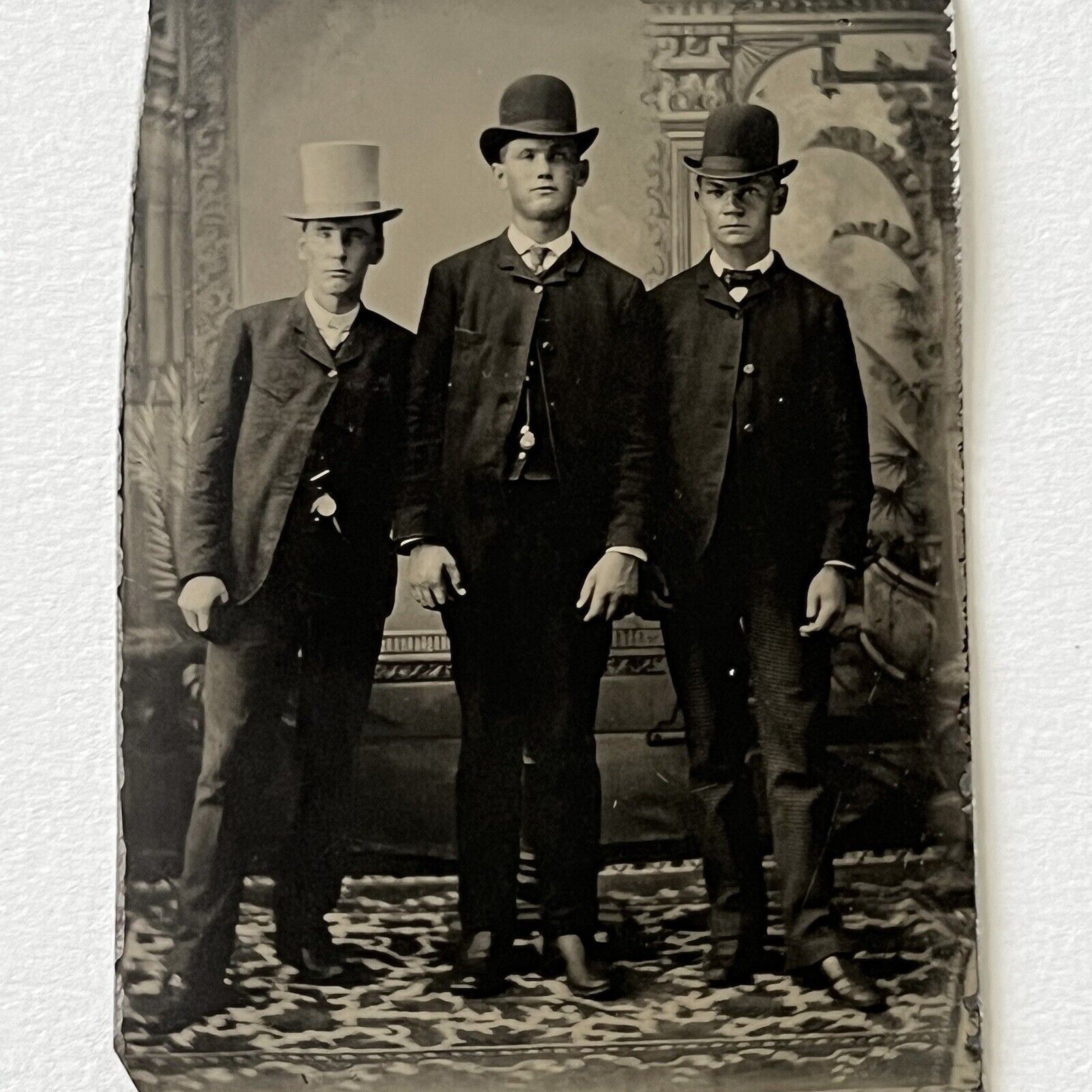Antique Tintype Photograph Very Handsome Young Men Sharp Attire Bowler Top Hat
