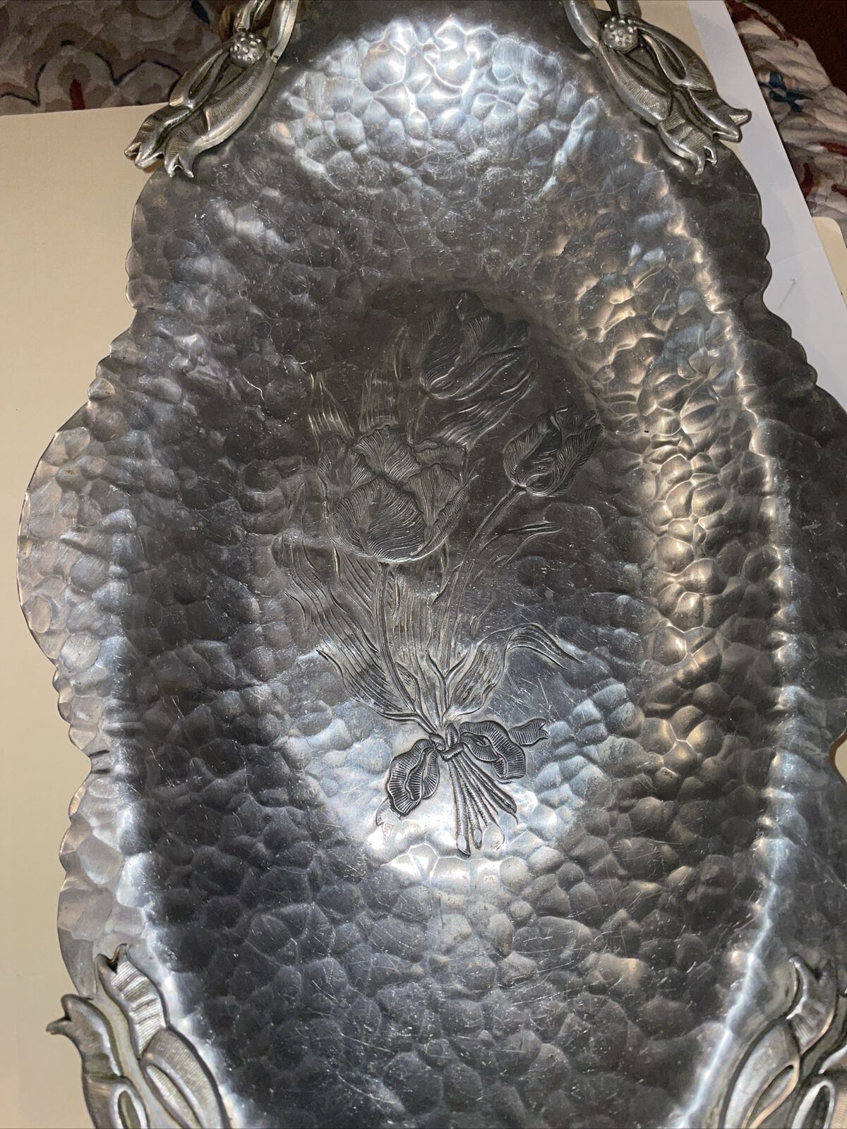 Hand Wrought Hammered Tulips Aluminum Tray By Rodney Kent #404