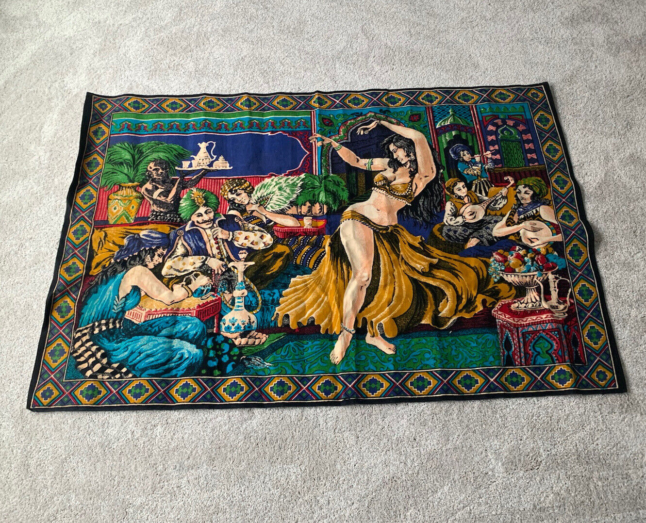 1960s VINTAGE Middle Eastern Tapestry - 58” x 39” - Belly Dancers & Musicians
