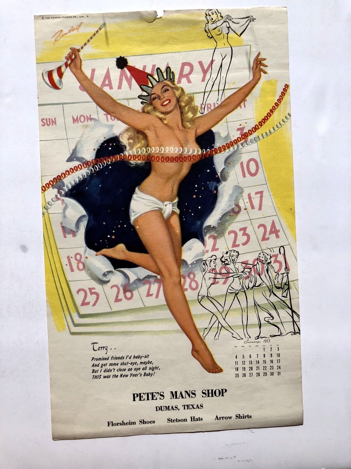 Authentic January 1953 Pinup Girl Calendar Page by Bill Randall New Year's Baby