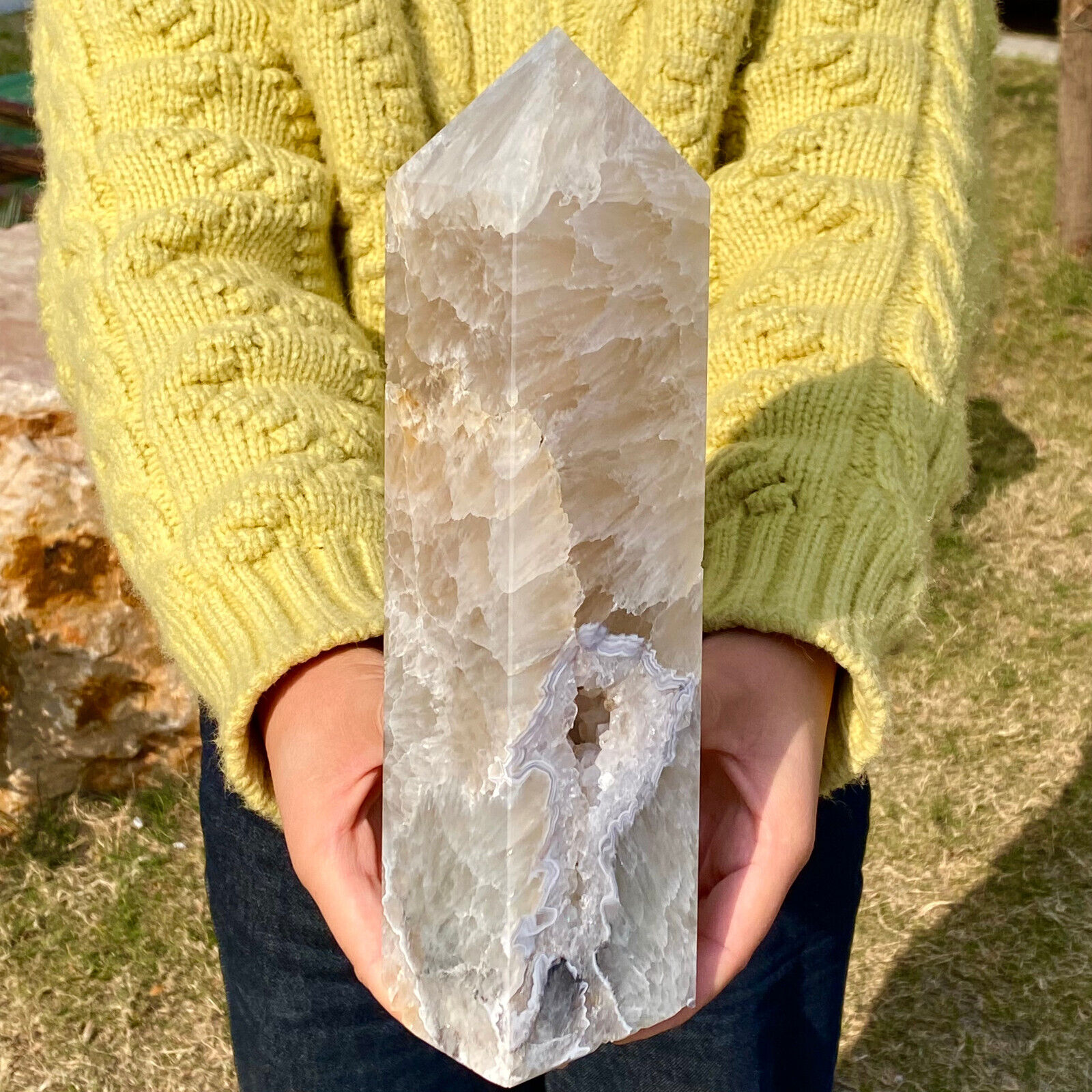 4.47LB Natural white crystal agate Obelisk quartz crystal sample column