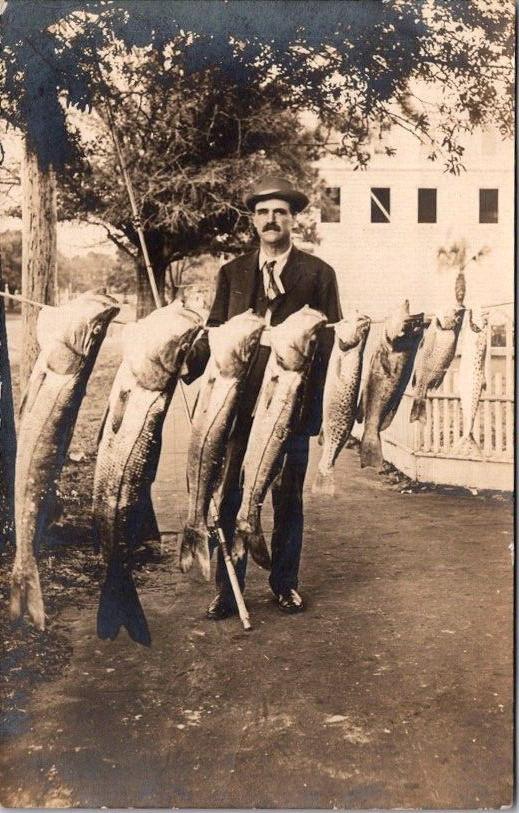 Antique RPPC Postcard Man Suit Fishing Pole Huge Fish Catch Missouri Early 1900s