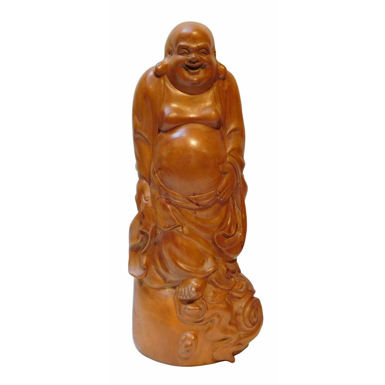Chinese Hand Carved Standing Happy Buddha Budai Luohan Statue On Cloud Base n248