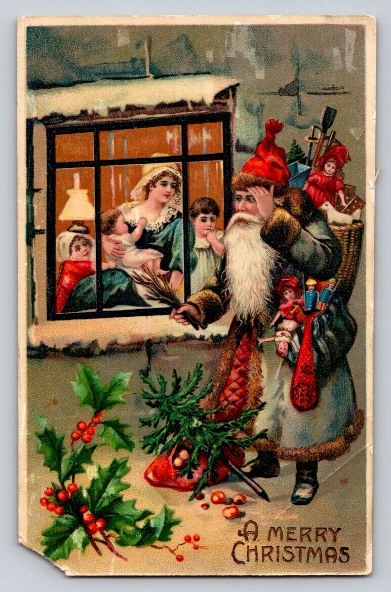 Santa Claus Blue Robe Carrying Toys Looking At Window Gel Germany c1905 P31