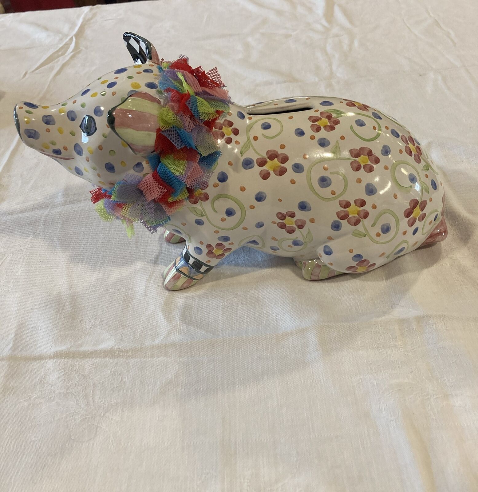 Mackenzie Childs Art Pottery Piggy Bank Pigadilly Floral Pattern Marked JQ 2014