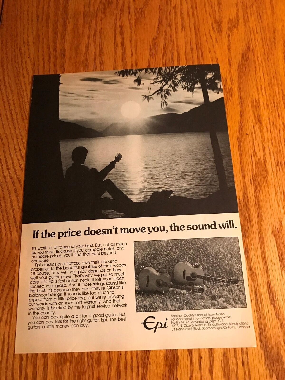 1978 VINTAGE 8X11 PRINT Ad for EPIPHONE GUITARS man playing by water sun setting
