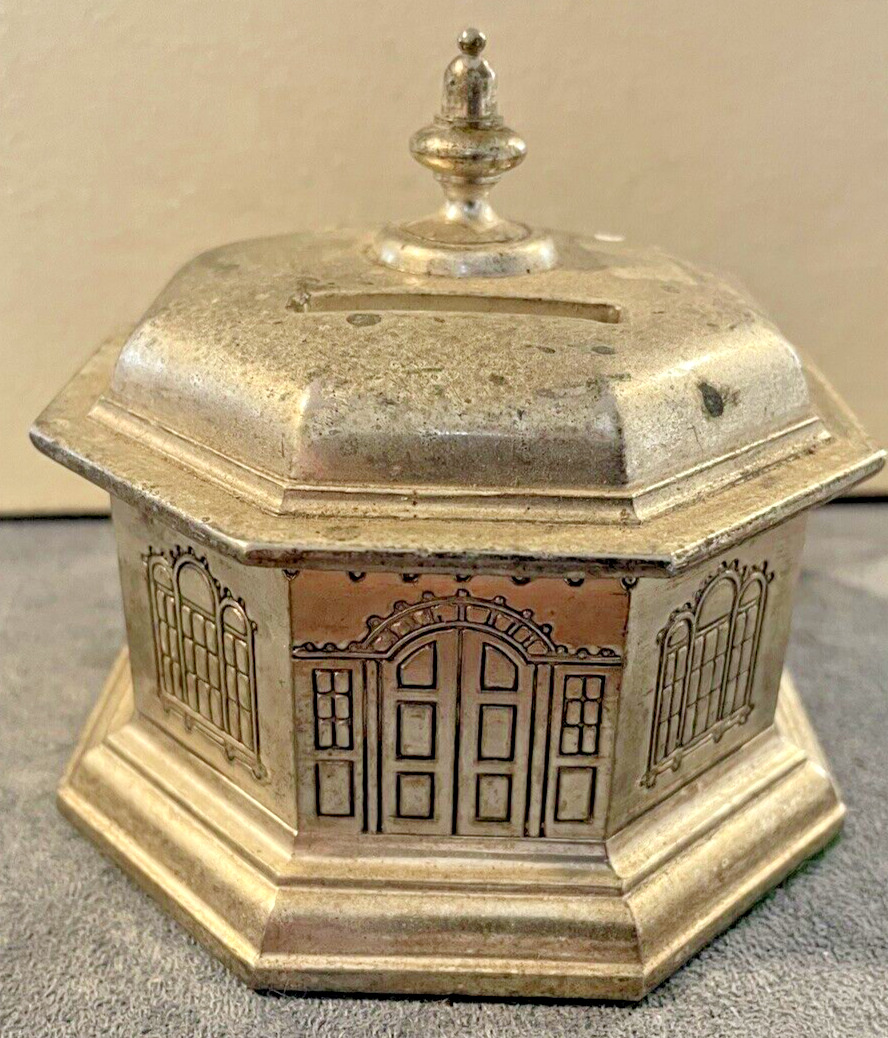 Vintage Silver Plated Octagon Shaped Domed Building Bank--Rare--947.23