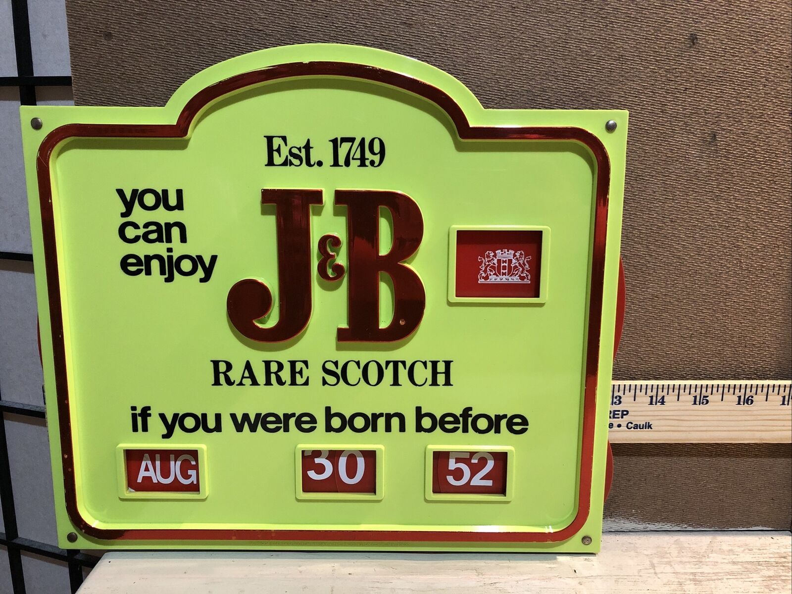 Vintage J & B Rare Scotch Whiskey Advertising Calendar Proof of Age Plastic Sign