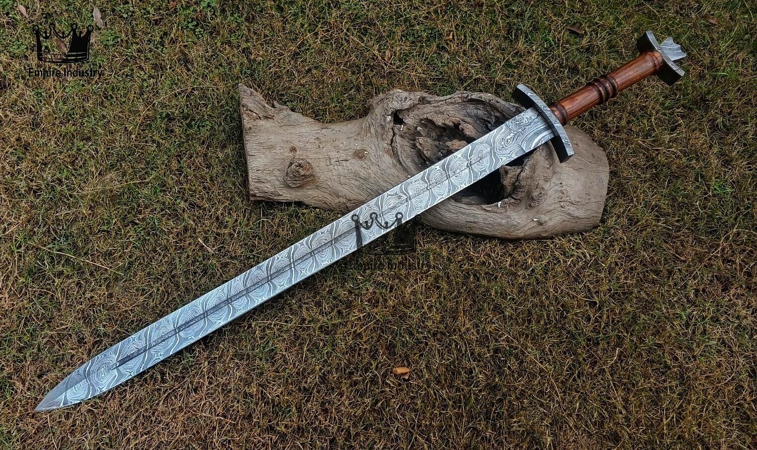 36\'\' Handmade Damascus Steel Double Edge Viking Sword With Sheath Fixed Blade