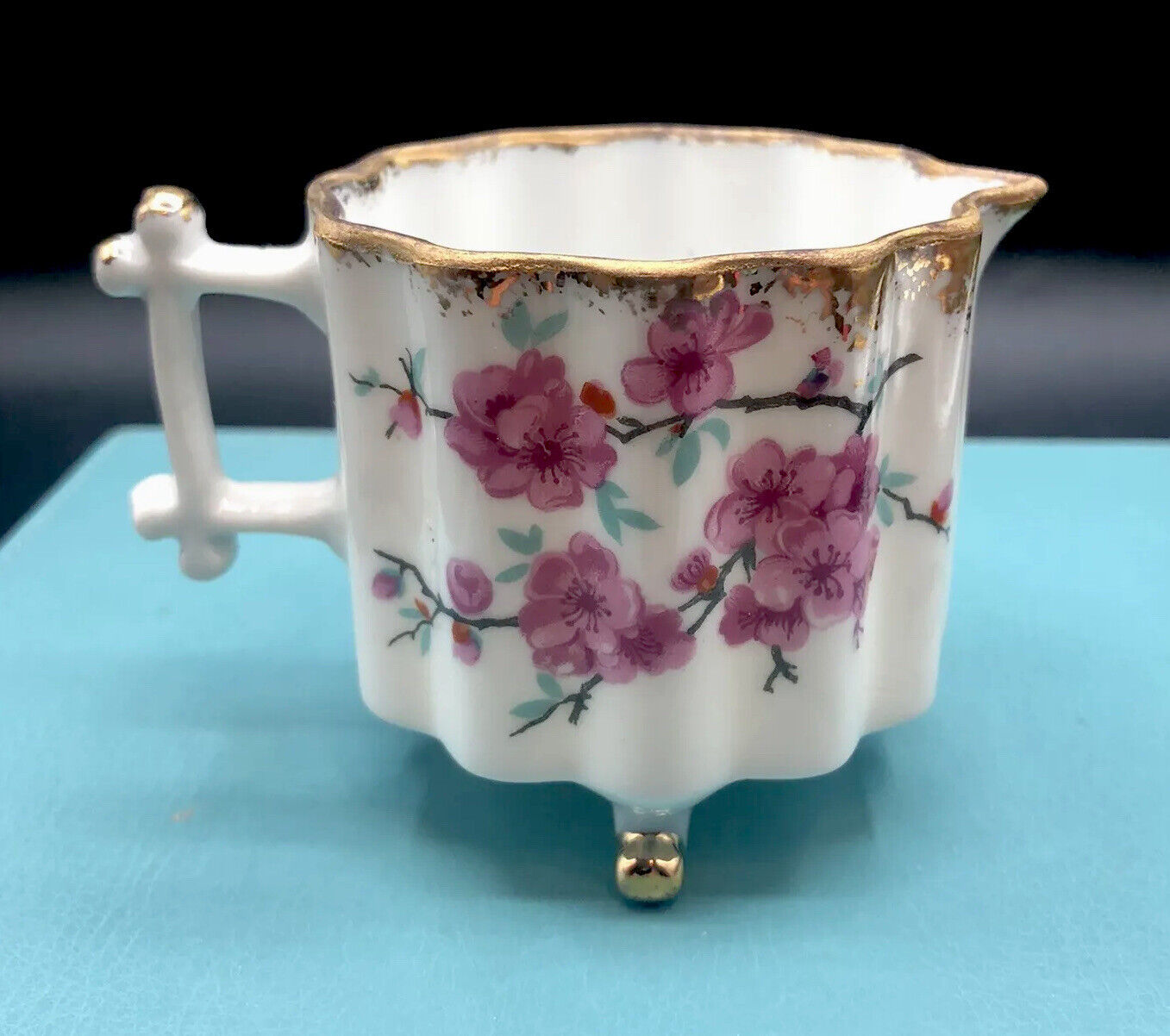 Antique Hand Painted Demitasse ￼Creamer  Footed Cherry Blossoms