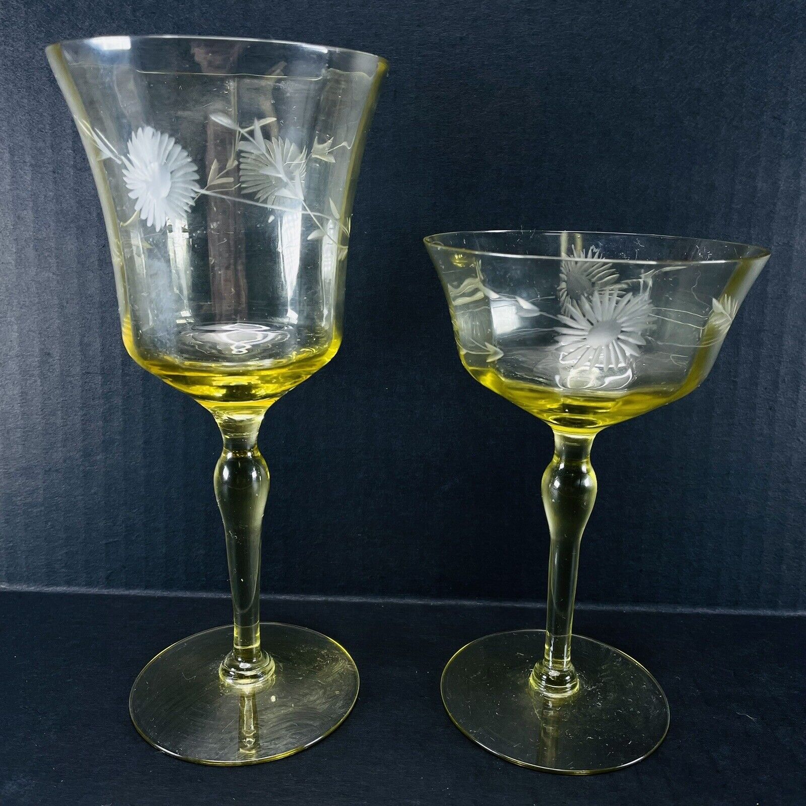 Yellow Etched Stemware Wine Champagne Glass Daisy Sunflower VTG Depression
