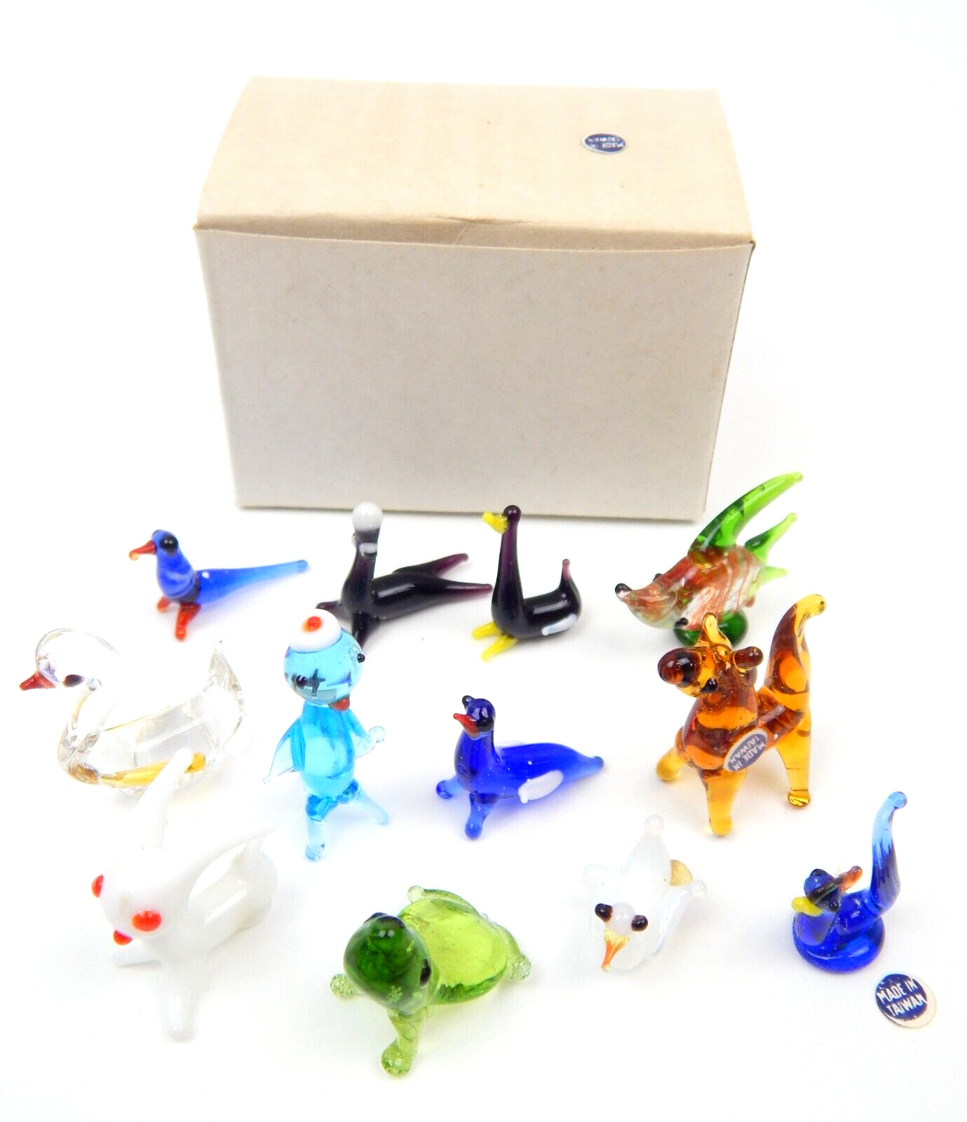 Set Of 12 Miniature Whimsical Glass Animal Figurines Taiwan NEW Old Store Stock