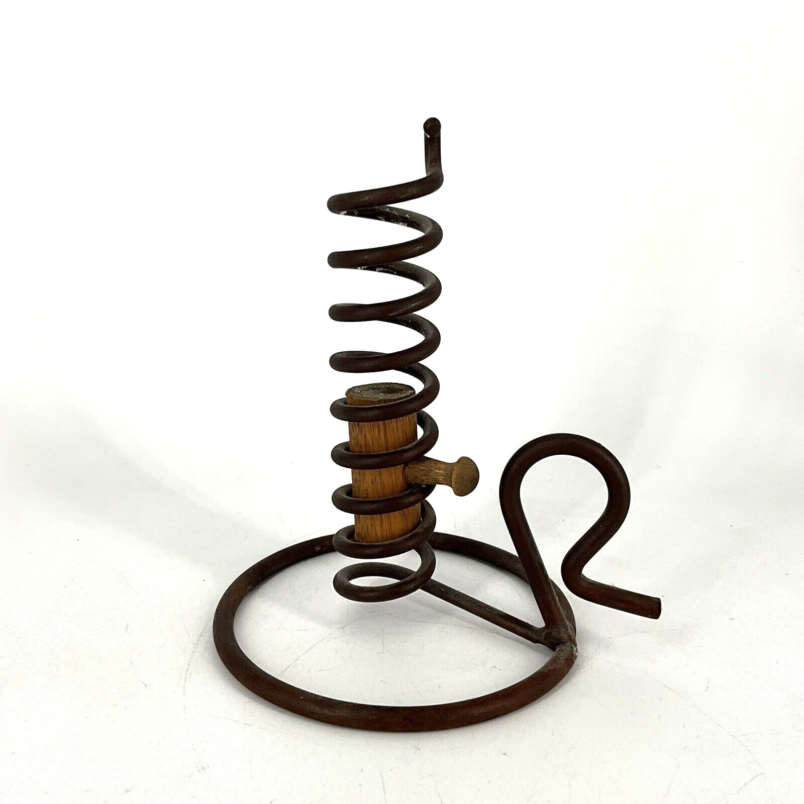 Vintage Primitive Wrought Iron Spiral Courting Candle Holder with Wood Lift