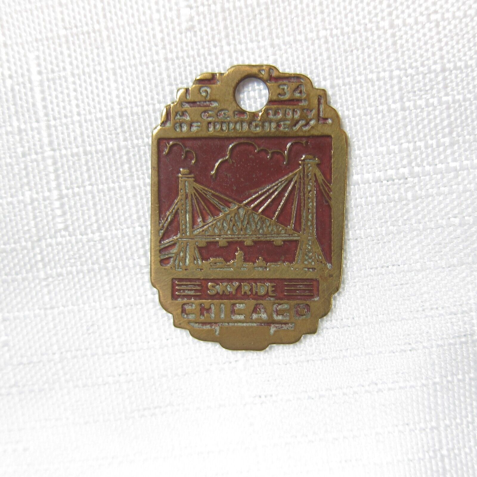 1934 Chicago Worlds Fair Souvenir Metal Token Keyring Keychain Skyride Vintage