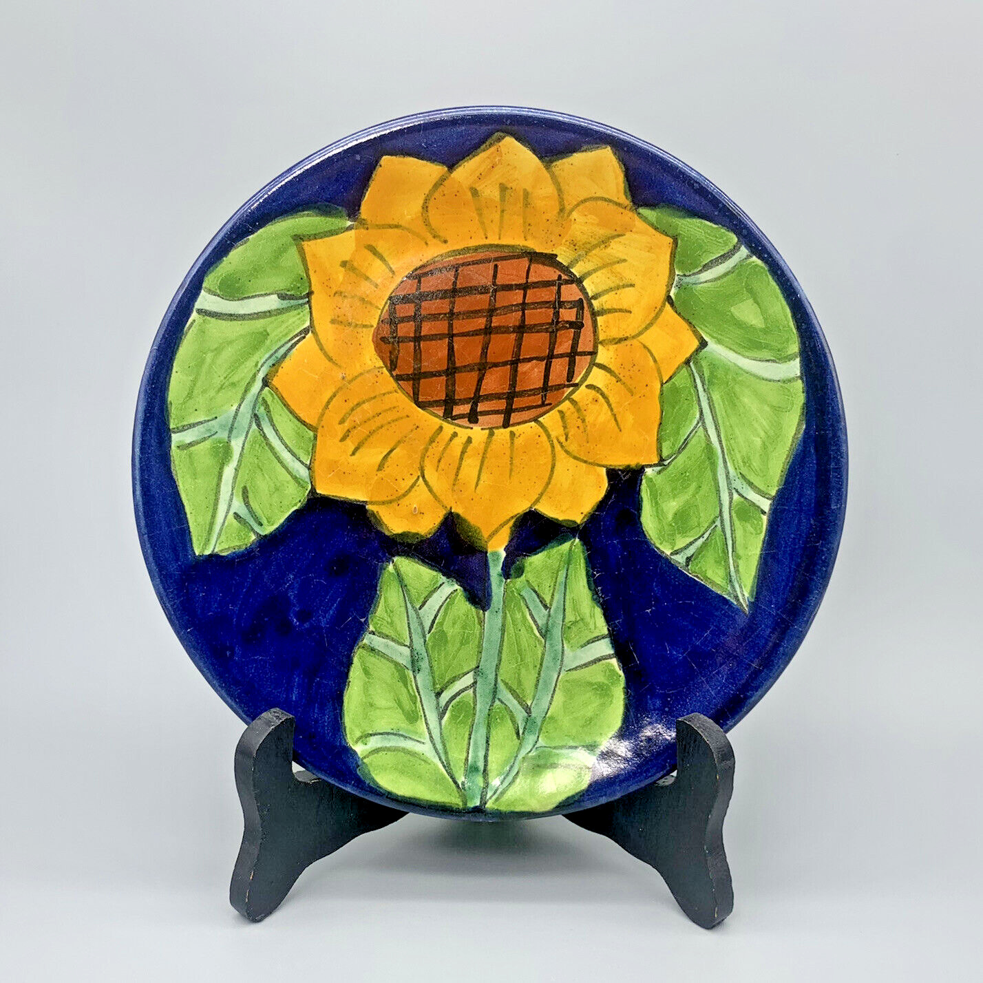 VTG Sunflower Talavera Blue Mexican Folk Art Pottery Artist Signed 8\