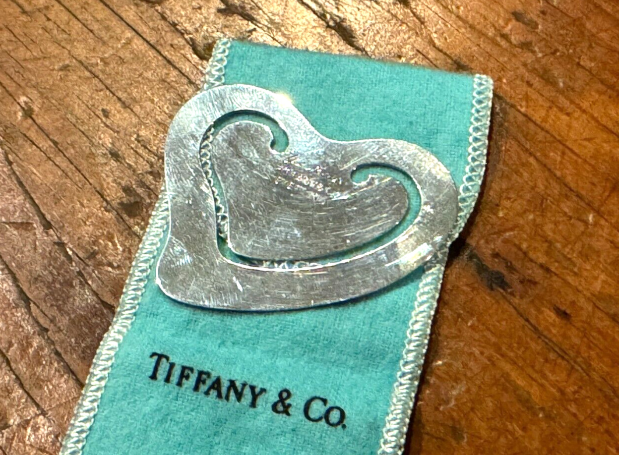 Vintage Tiffany & Co Sterling Silver Heart Shaped Engraved Bookmark + Felt Bag