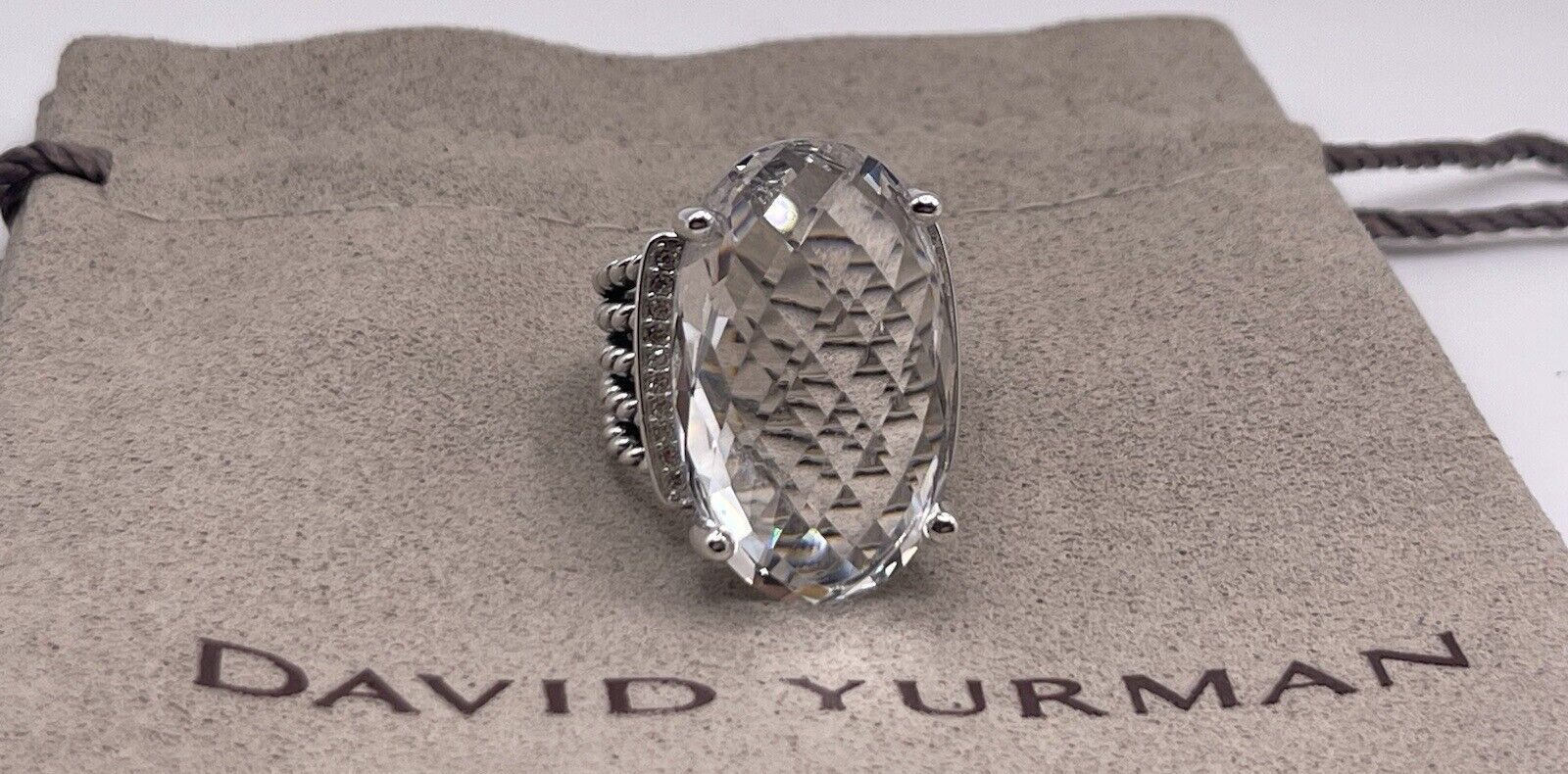 David Yurman Sterling Silver Oval 16x26mm White Topaz  Wheaton Cable Ring Sz 7