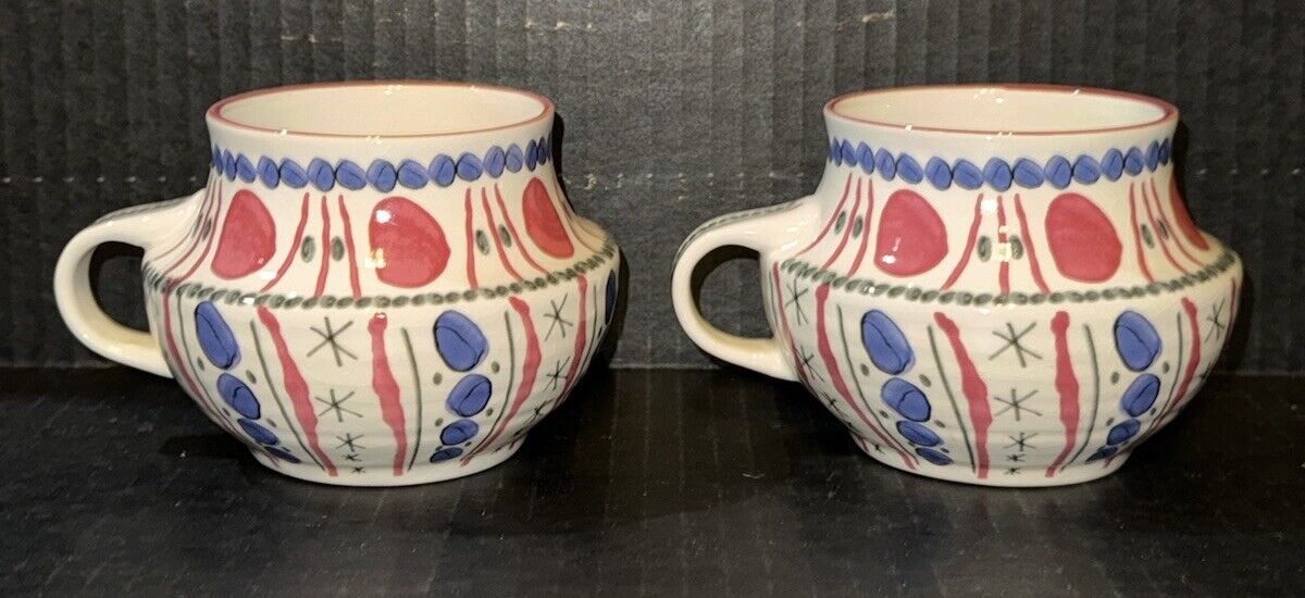 Pair 2 RETIRED RARE Anthropologie Handpainted Ceramic Coffee Mug Cup Red Blue