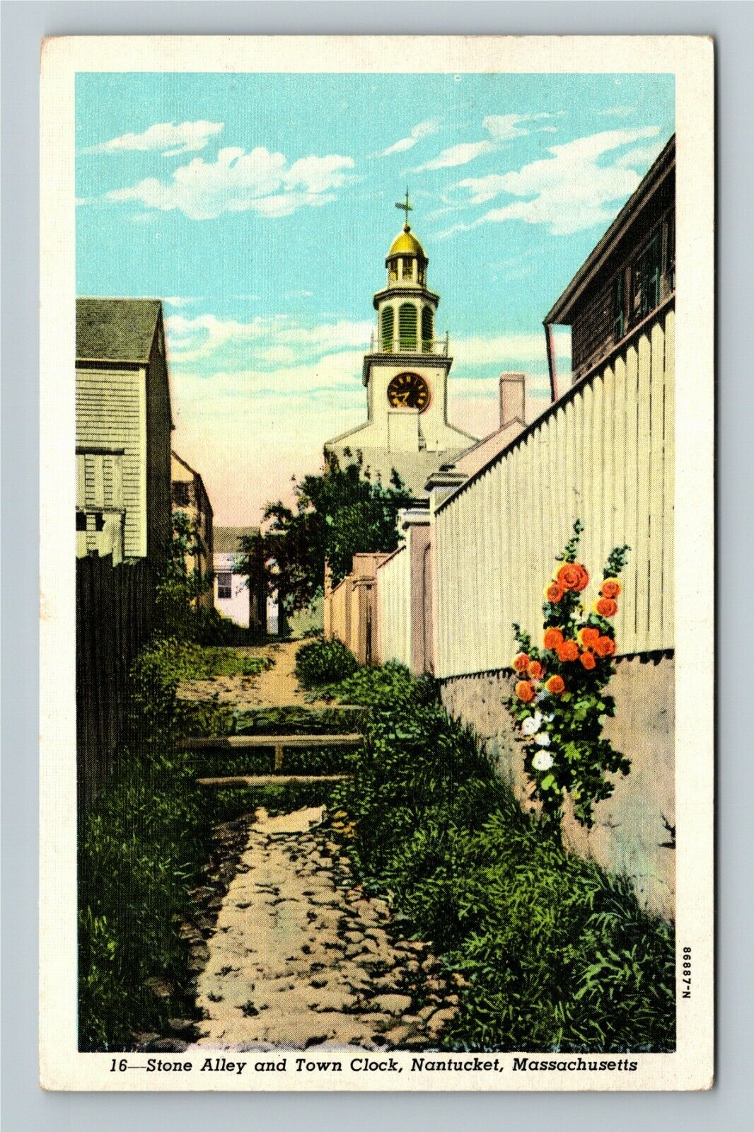 Nantucket MA-Massachusetts, Stone Alley, Town Clock, c1948 Vintage Postcard