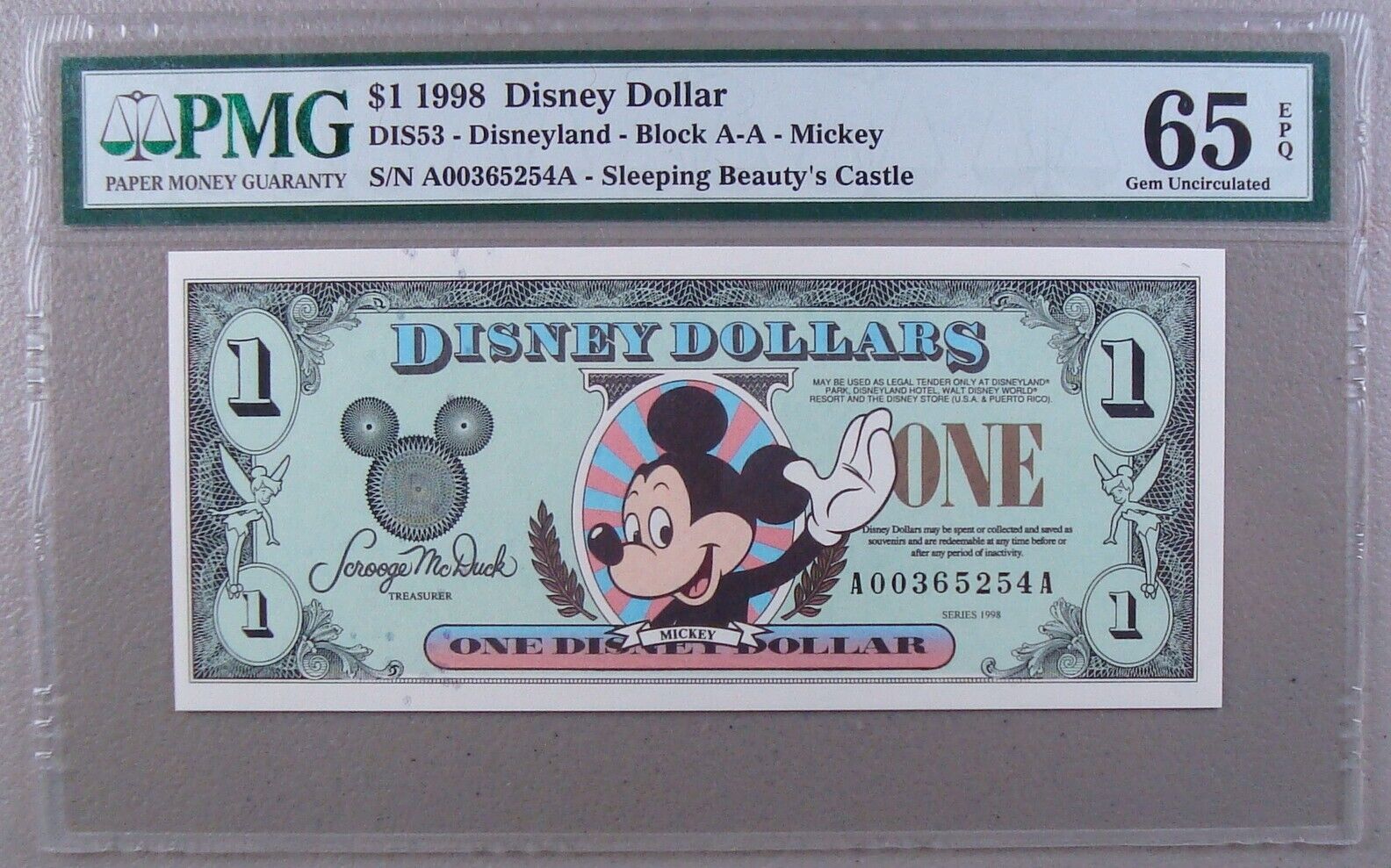 1998 $1 Disney Dollar, Sleeping Beauty\'s Castle PMG Gem Uncirculated 65 EPQ