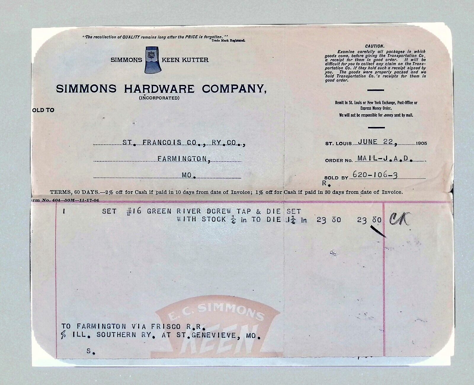 1905 Billhead Simmons Hardware Co to St Francois County Railway Co Farmington MO