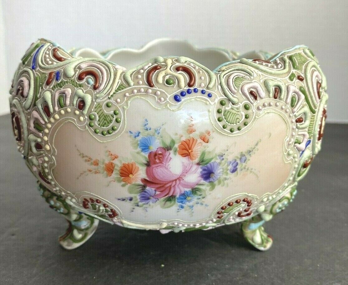 Antique Nippon Majolica Pinched Bowl w/Hand Painted Flowers Gorgeous