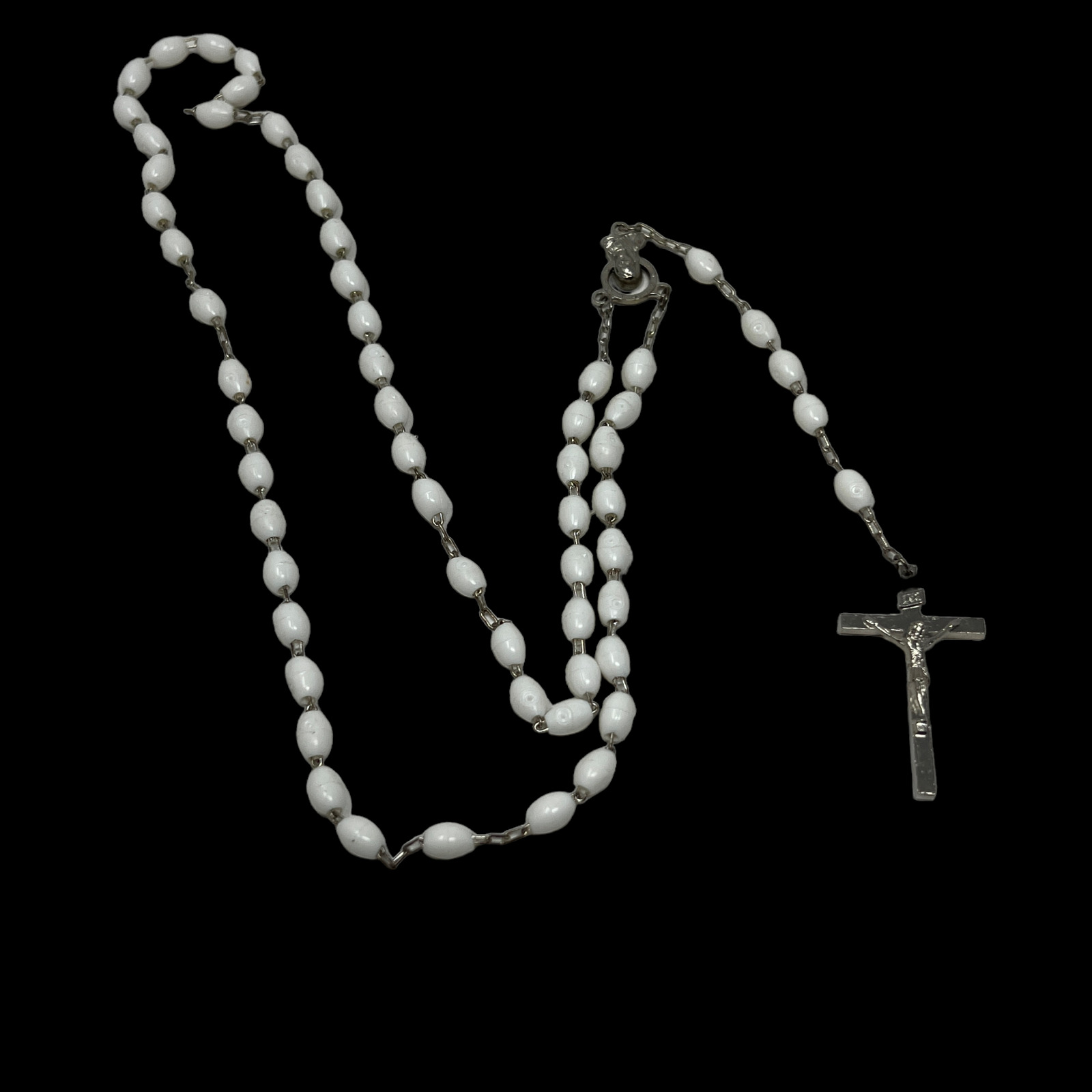 Vintage Rosary White Acrylic Beads Silver Tone Metal Italy 26\