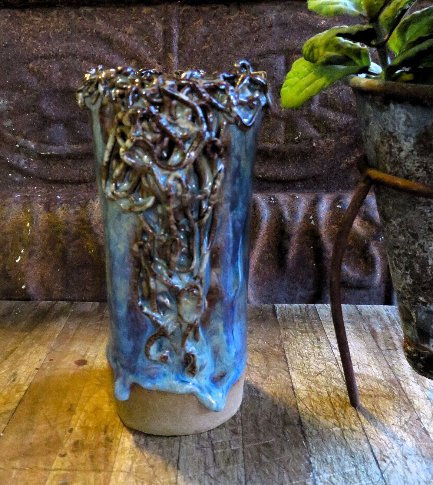 UNIQUE Vintage BEAUTIFUL BLUE Drip Glaze Studio Art Pottery Vase ONE of a KIND