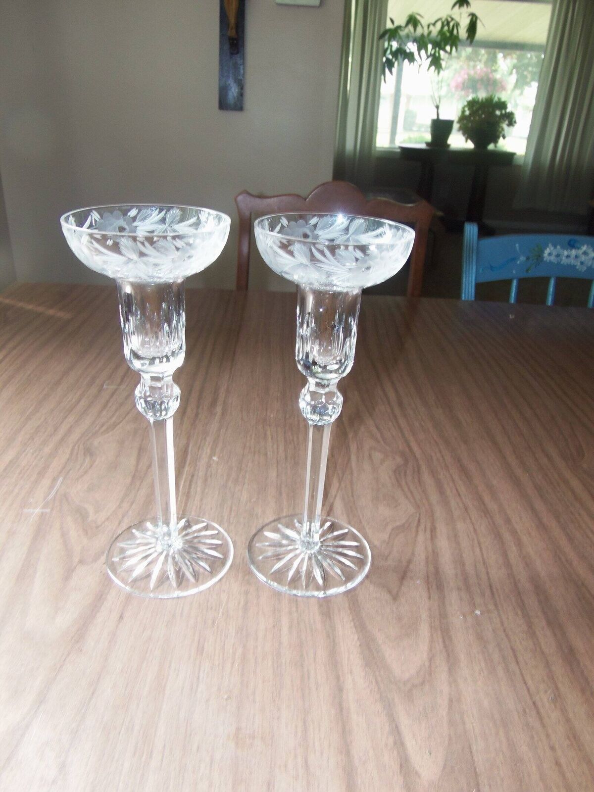 Never Used Stunning Etched CRYSTAL Candlesticks Candleholders 9\