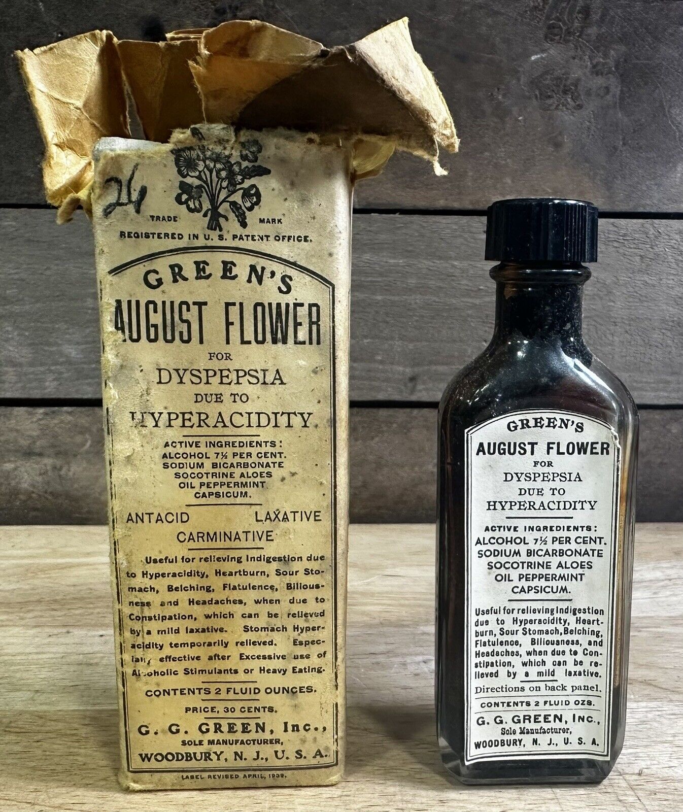 Early 1900s Green's August Flower Dyspepsia Medicine Bottle Woodbury, New Jersey