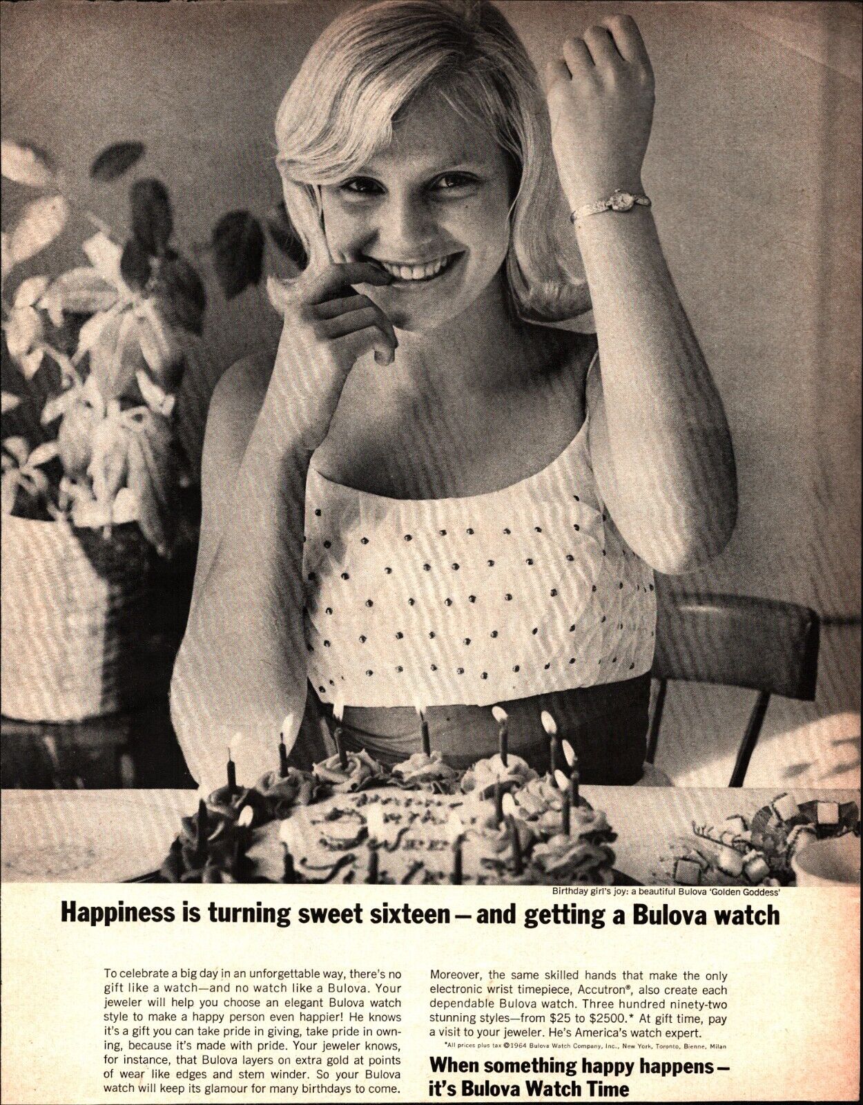 1964 Bulova Watch Sweet 16 Pretty girl Birthday Cake Vtg Magazine Print Ad c1
