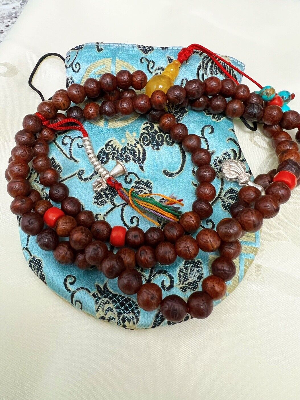 Bodhi Seed Mala 9mm Antique With Coral Turquoise Amber Sterling Silver Tibetan