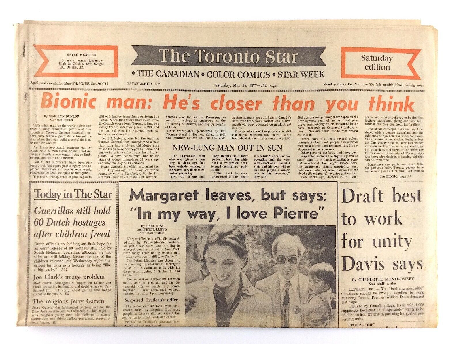 May 28 1977 Toronto Star Front Section Only Margaret Leaves I Love Pierre M188