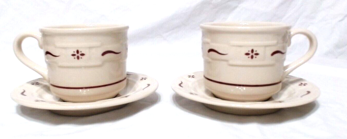 PAIR LONGABERGER WOVEN TRADITIONS CUP & SAUCER SETS, MAROON ART USA MINT