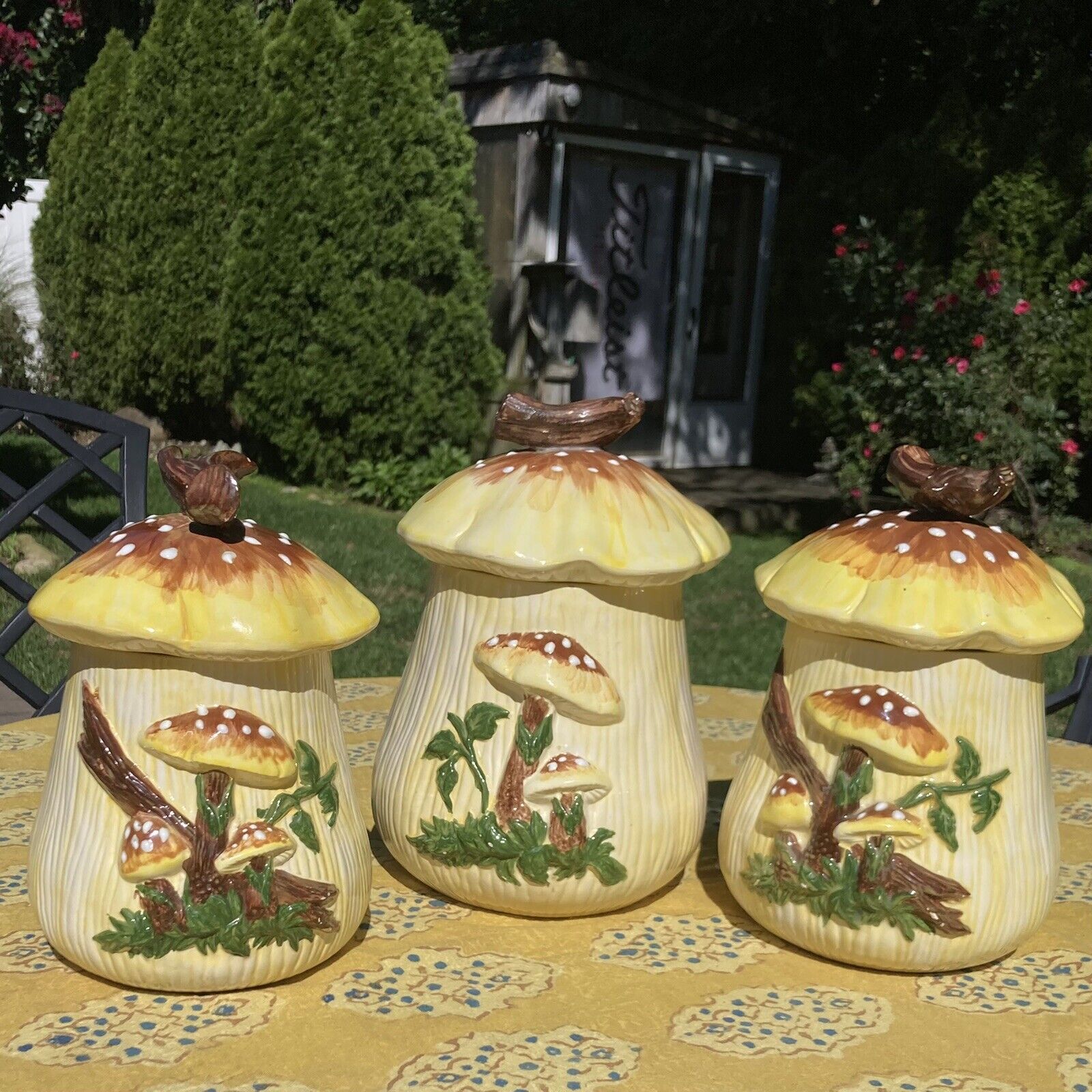 Vintage MCM retro 1977 unique yellow ceramic mushroom trio kitchen canister set