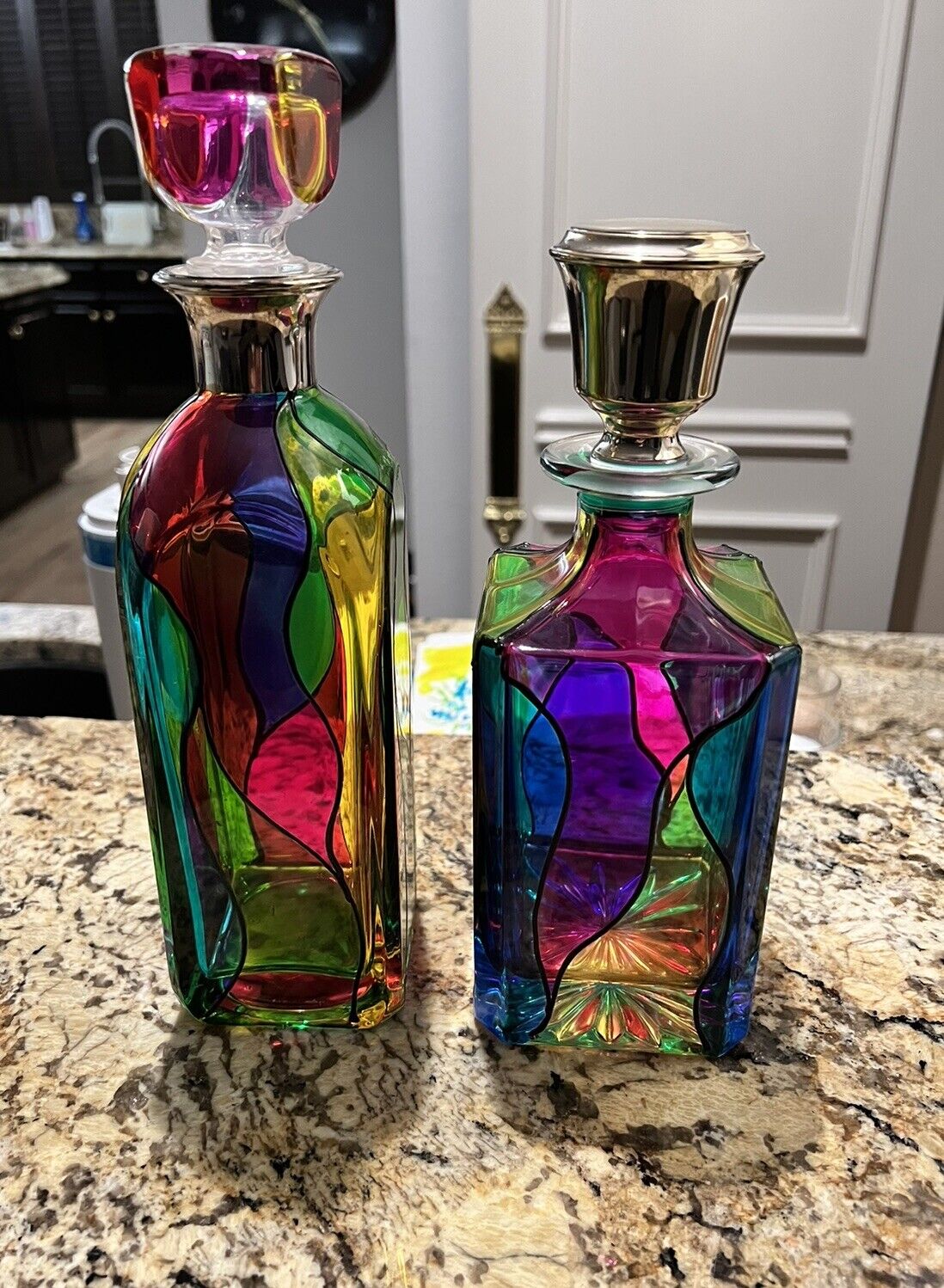 STUNNING COLORED GLASS WHISKEY DECANTERS (2).