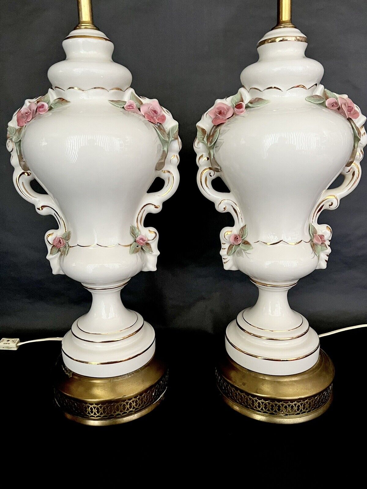 Mid Century PAIR 35” Table Lamps Porcelain Rose/Gold/Brass Base $1200 INS. VALUE