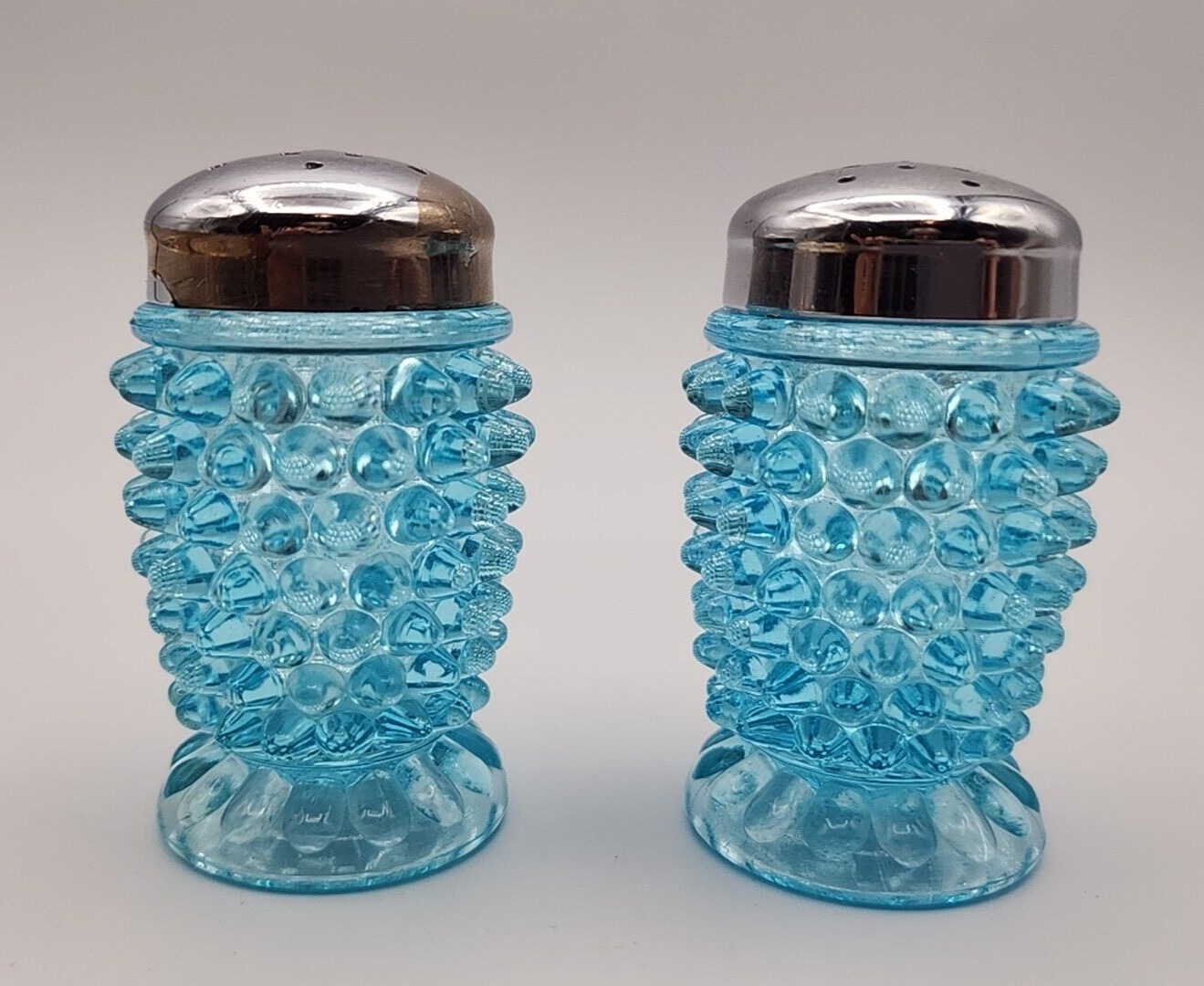 L. G. Wright Ice Blue Hobnail Salt and Pepper Shakers LIDS FLAWED READ