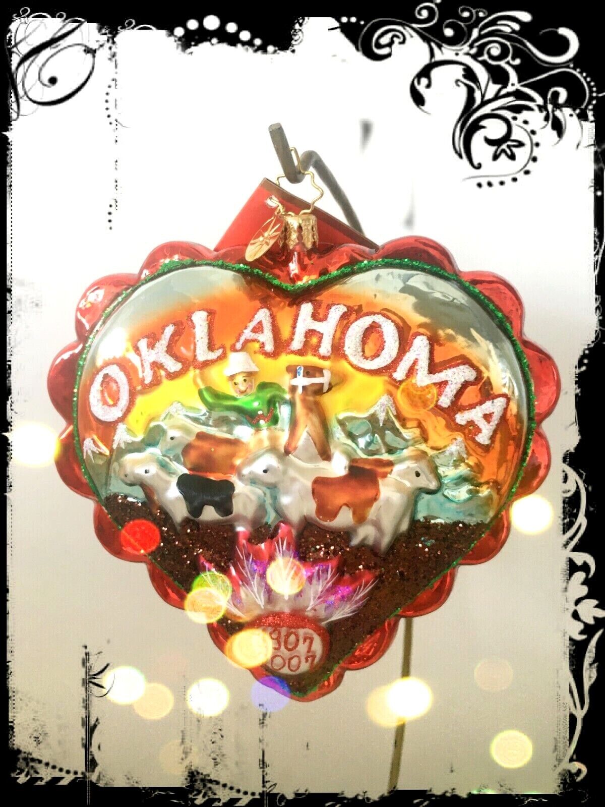 Authentic Christopher Radko Love OKLAHOMA State Heart Shape Blown Glass Ornament