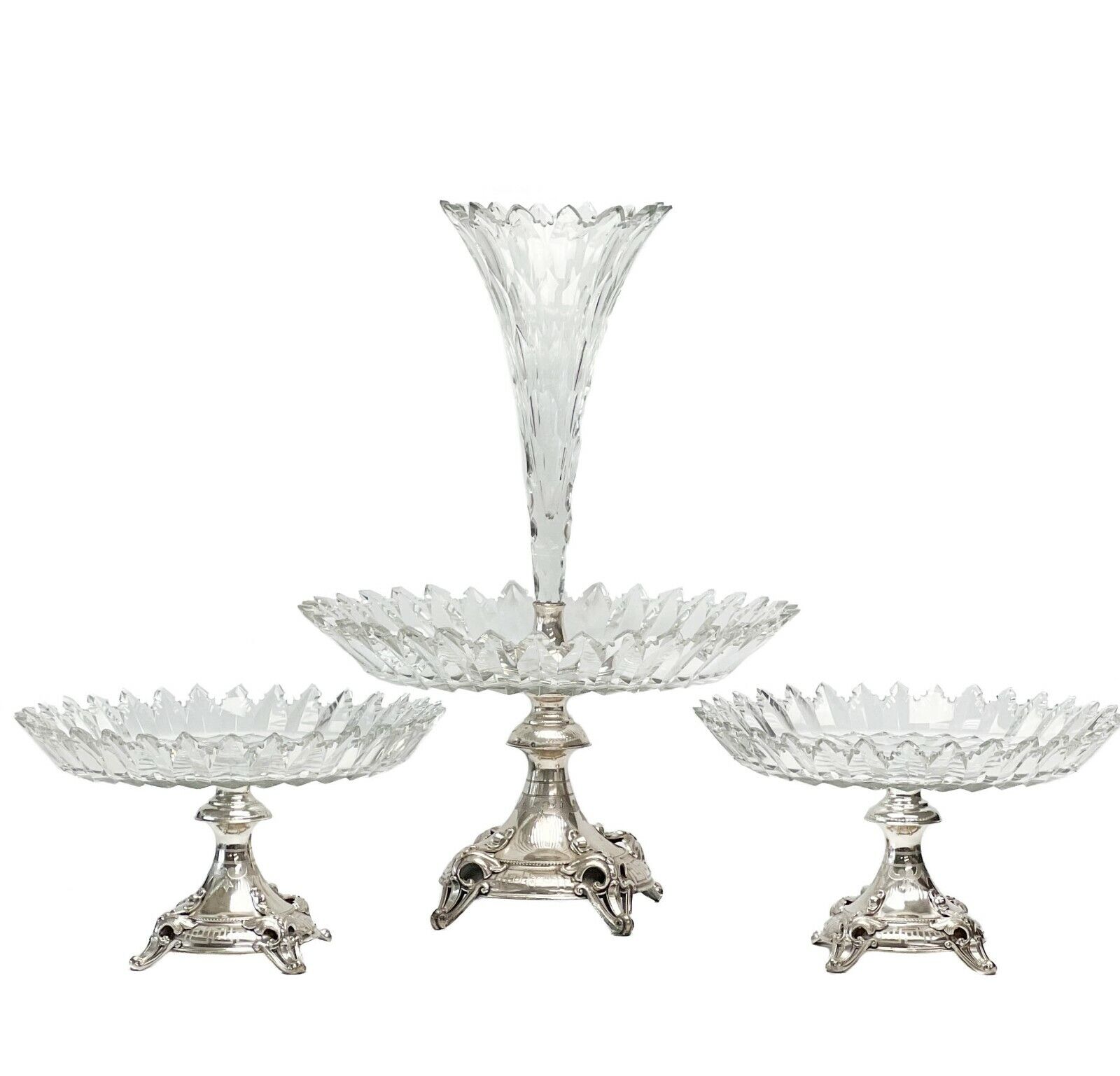 JM van Kempen & Zonen Dutch 833 Silver & Cut Glass 3 Piece Table Garniture 1876
