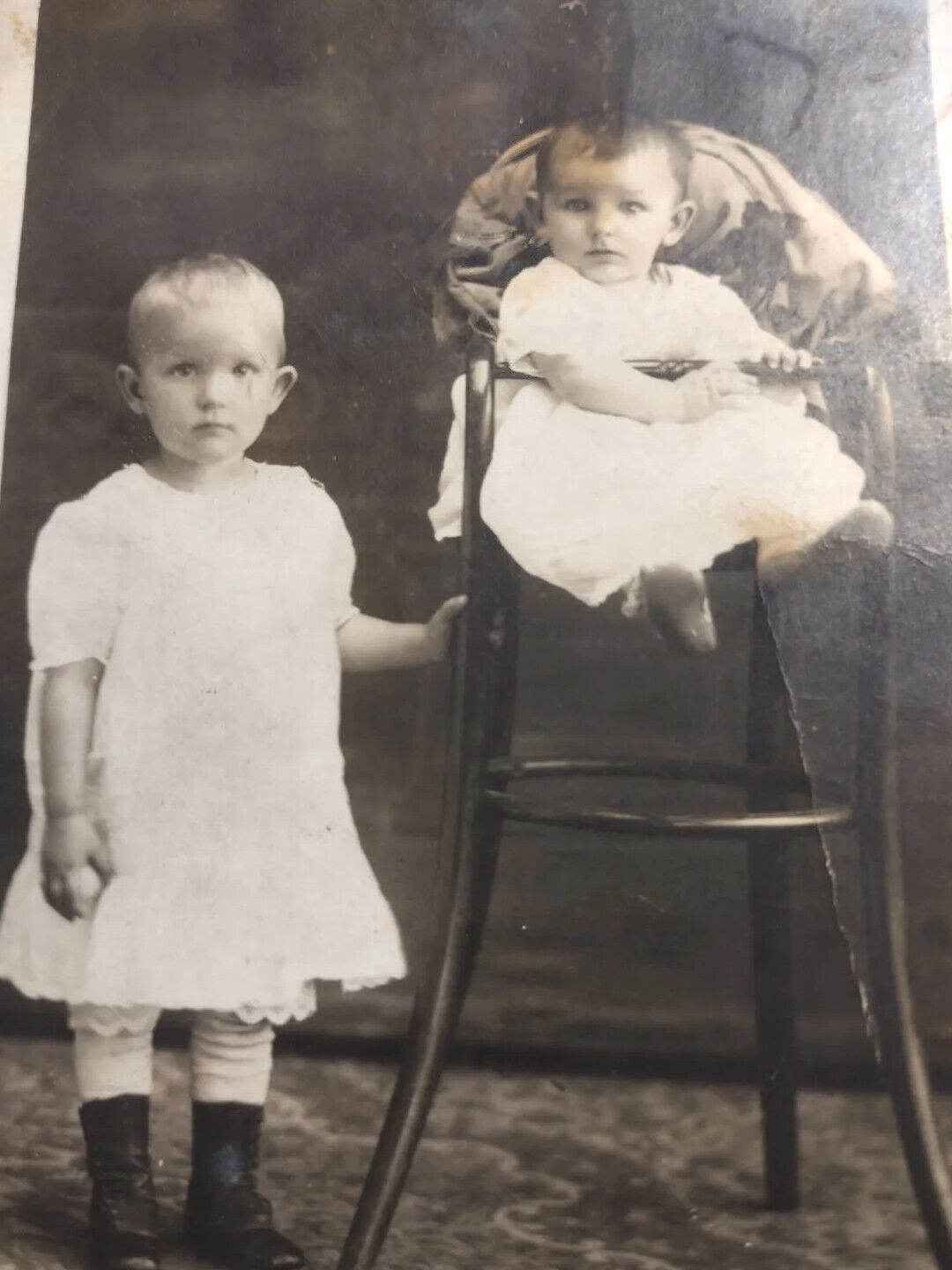 1907 RPPC Photo Postcard Two Cute Little Girls Toddler Highchair Boots Dresses