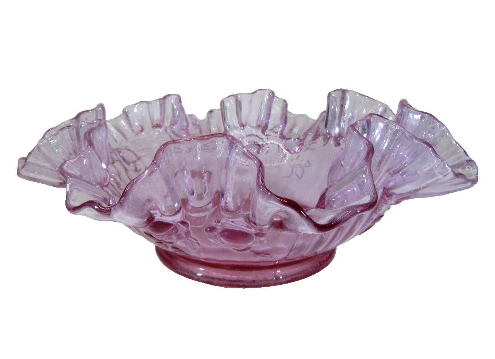 Fenton Cabbage Rose Ruffled Crimped Edge Glass Bowl lavender lilac pink vintage