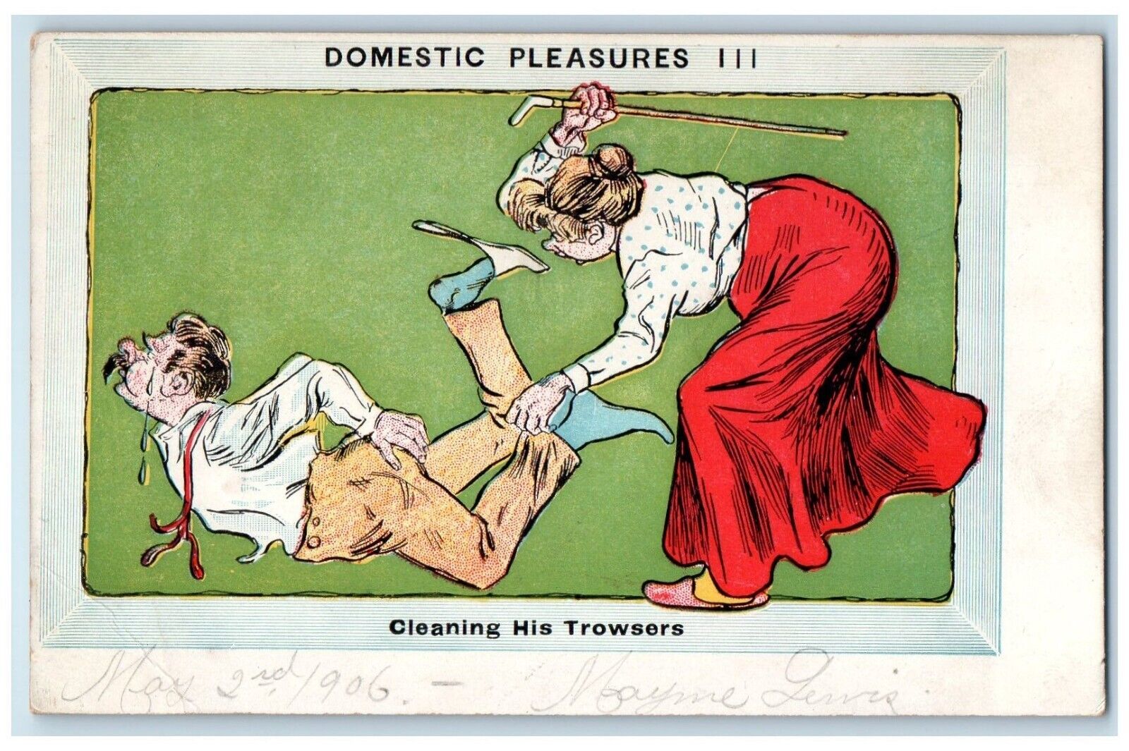 c1905 Girl Beating Husband Cleaning His Trowsers Humor Unposted Antique Postcard