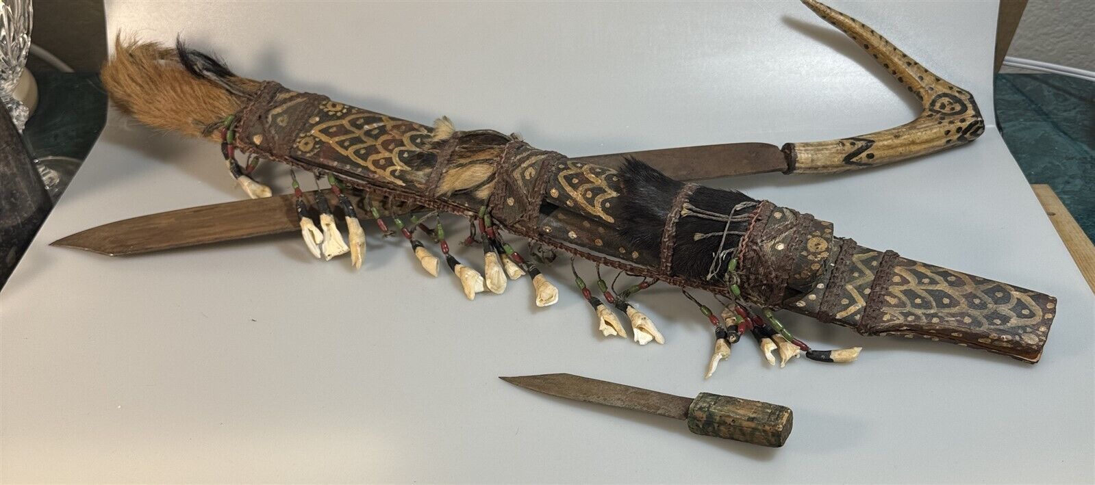 Antique Old Borneo Dayak Headhunters Mandau Sword Dagger Scabbard Set