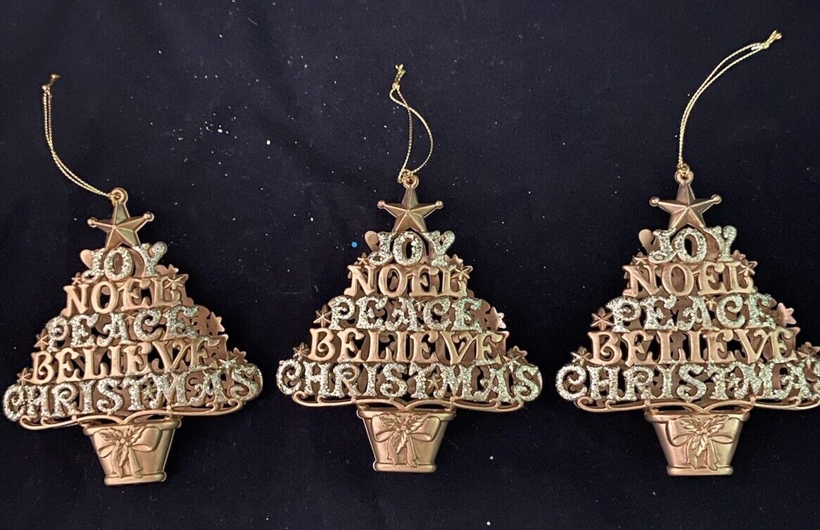 Ornament 5.5” Tall Lot of 3 Golden Christmas Tree With glitter And Shine