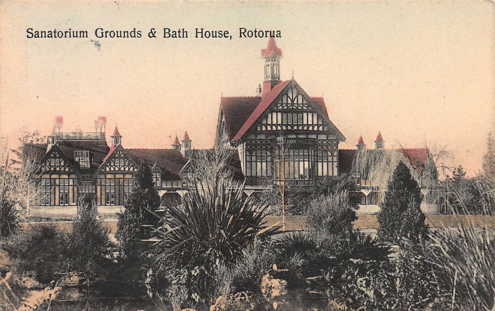 Sanitorium & Bath House, Rotorua, New Zealand, Early Hand Colored Postcard, Used