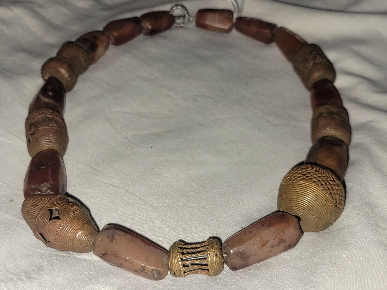  Ancient Carnelian and Antique Lost Wax Brass African Trade Bead Beaded Necklace
